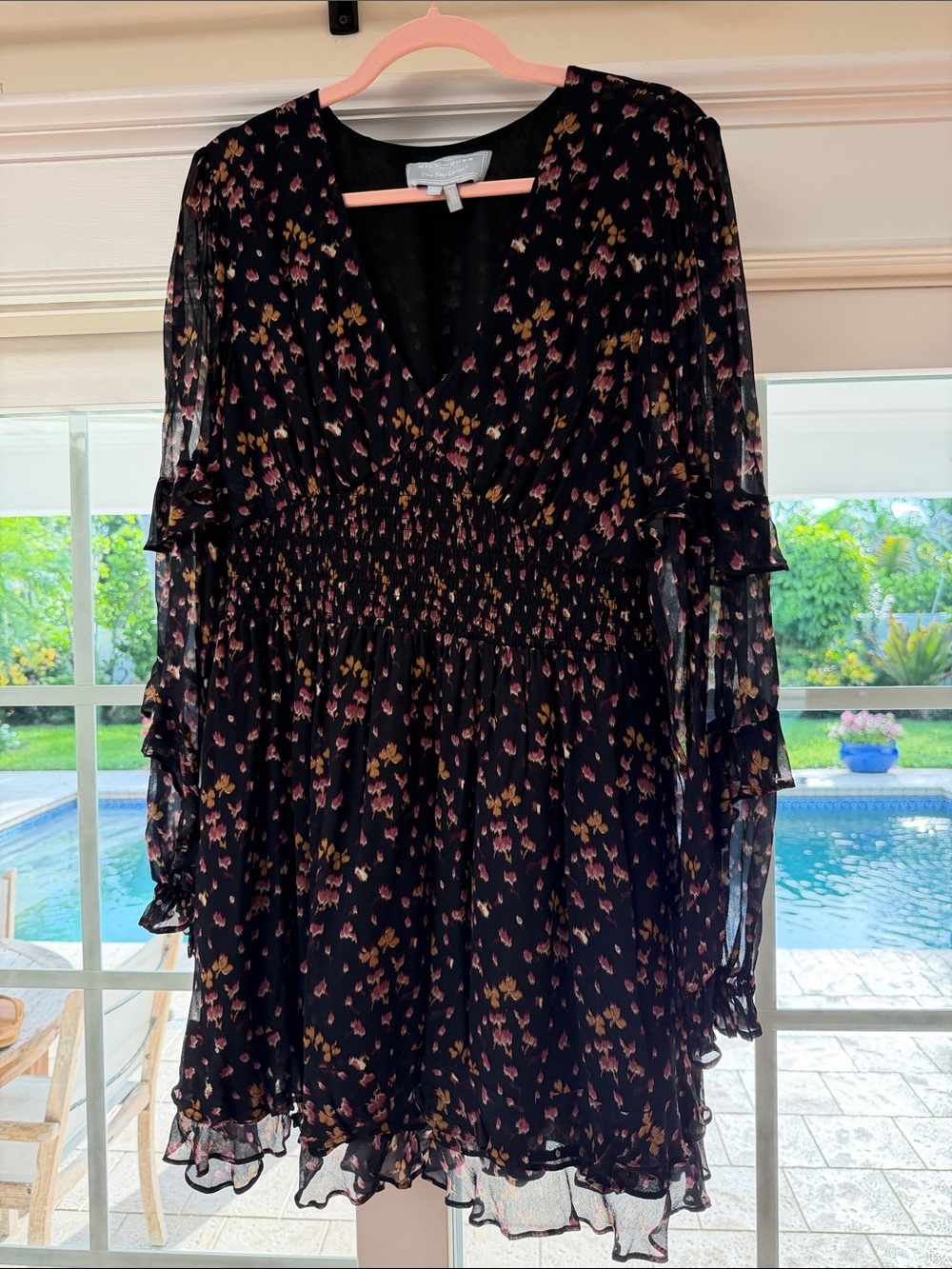 Hill House Black Floral V-Neck Smocked Waist Long Sleeve Dress